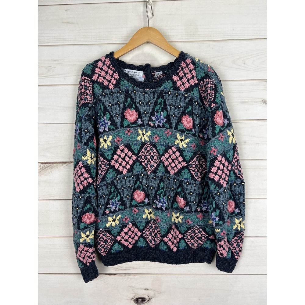 Vintage Northern Isles Sweater Womens M Blue Floral Knit Ramie Cotton 90s Chunky